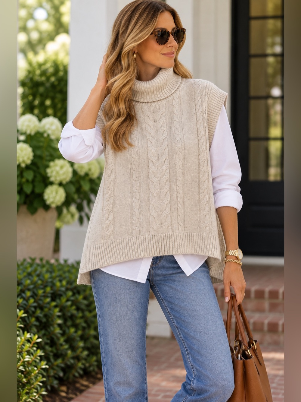 Banana Republic XS/S Oversized Cable Knit Turtleneck Sweater Vest Cream Cotton